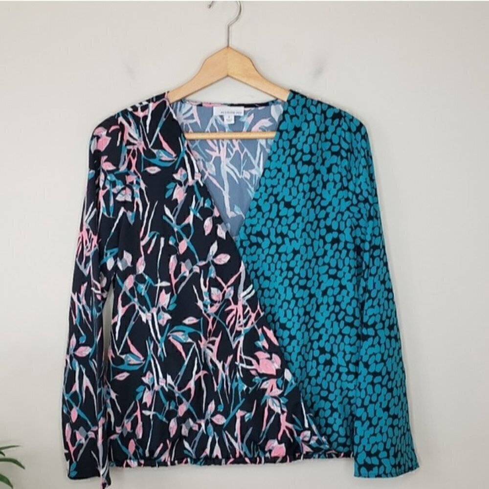 NWT Allison Joy Mixed Floral & Dot Print Wrap Blouse Size Small